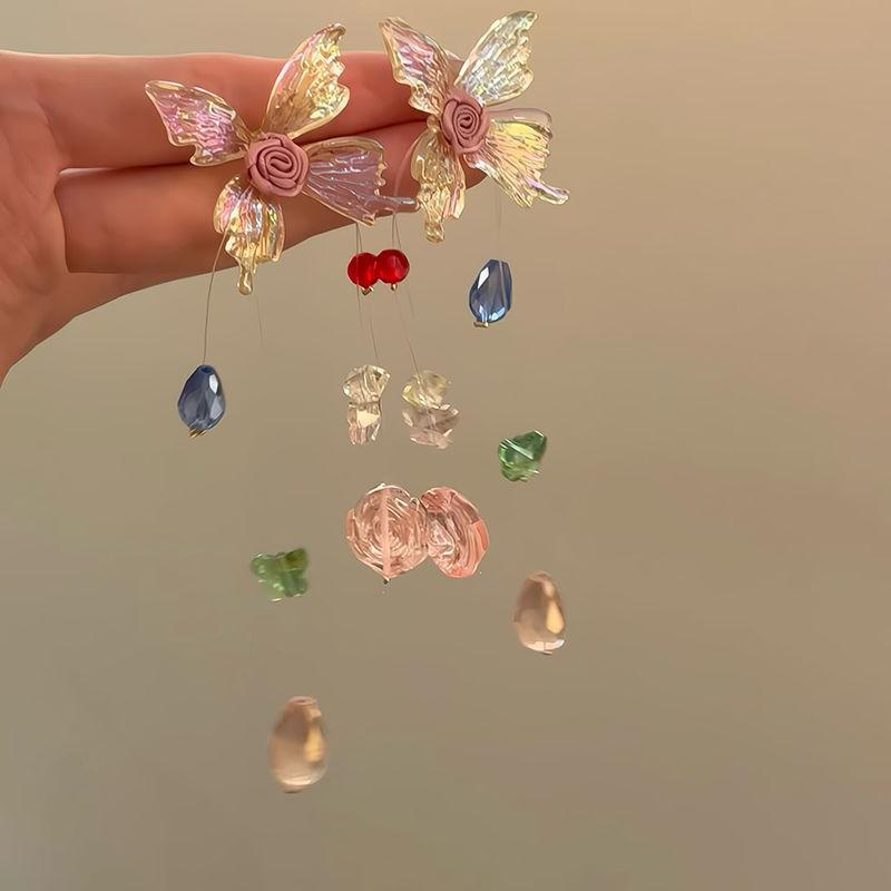 Vintage kontrastierende Blumen Perlen Quasten Ohrringe Sommer süßes Mädchen Herz Ohrringe Reise Foto Urlaubsstil Ohrringe