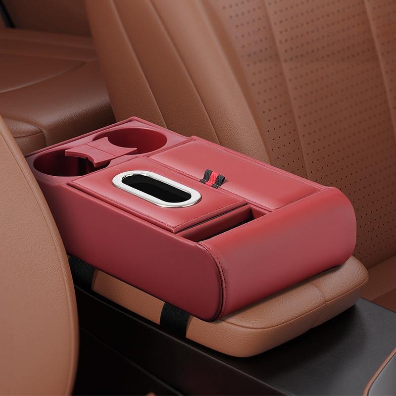 

1set Car Storage Box Console Armrest Pad Multifunctional Car Armrest Storage Box Heightening Pad Tissue Box Water Cup Holder червоний