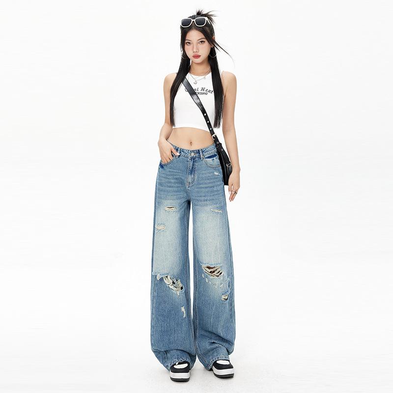 American Ripped Jeans Women's Spring and Summer Retro Destruction Loose Washed Straight Wide-leg Pants Mopping Long Pants