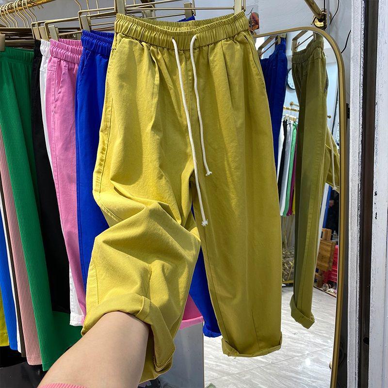 Women's Summer High-Waist Cotton Cropped Pants - Slimming, Harajuku Style, Plus Size, Elastic Waist, Lightweight Casual Wear