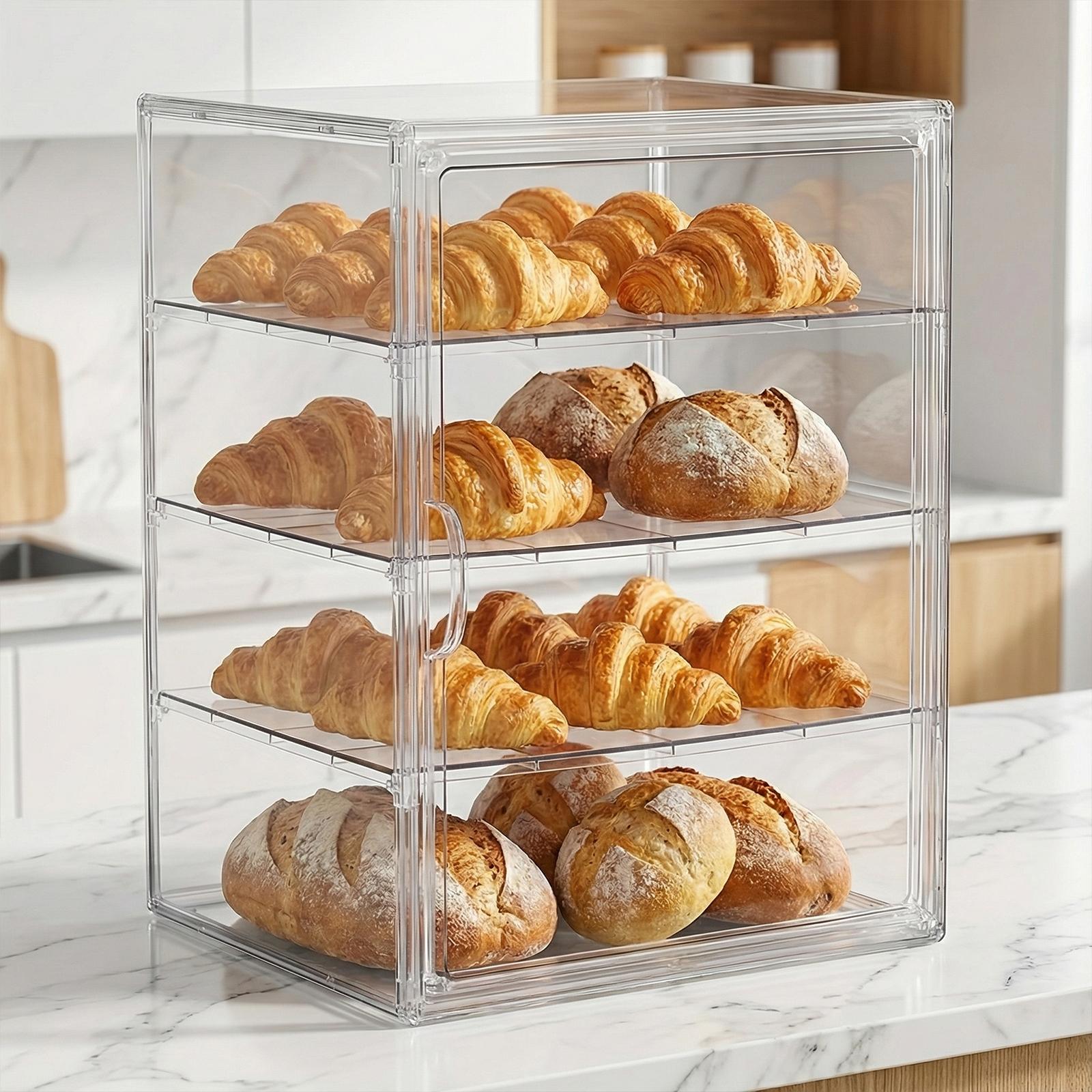 4-Layer Bakery Pastry Display Case with Lid Bread Display Cabinet Adjustable Countertop Showcase Stand for Cookie Birthday Chips