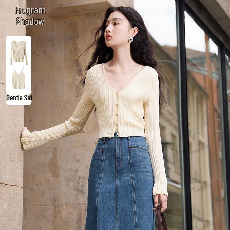Xiangying Gentle Style Knitted Cardigan & Camisole Two-Piece Set S