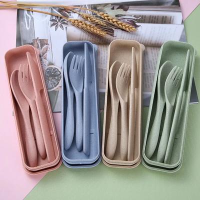 Colorful Wheat Straw Knife Fork Spoon Set with Storage Box Outdoor Camping Portable Plastic Tableware Student Lunch Cutlery Set