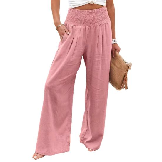 Women Pants Pleated Elastic High Waist Wide Leg Trousers with Pockets Pure Color Loose Fit Spring Casual Long Pants