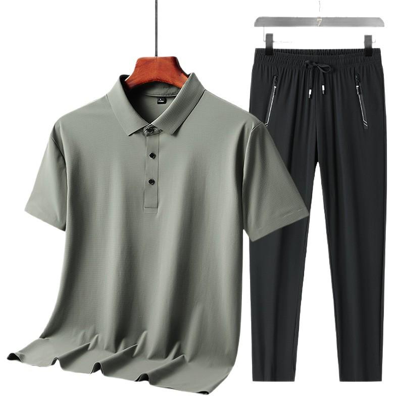 Men's Summer Ice Silk Two-Piece Set: Short Sleeve Top & Long Pants - Casual Sportswear for Father's Day Gift