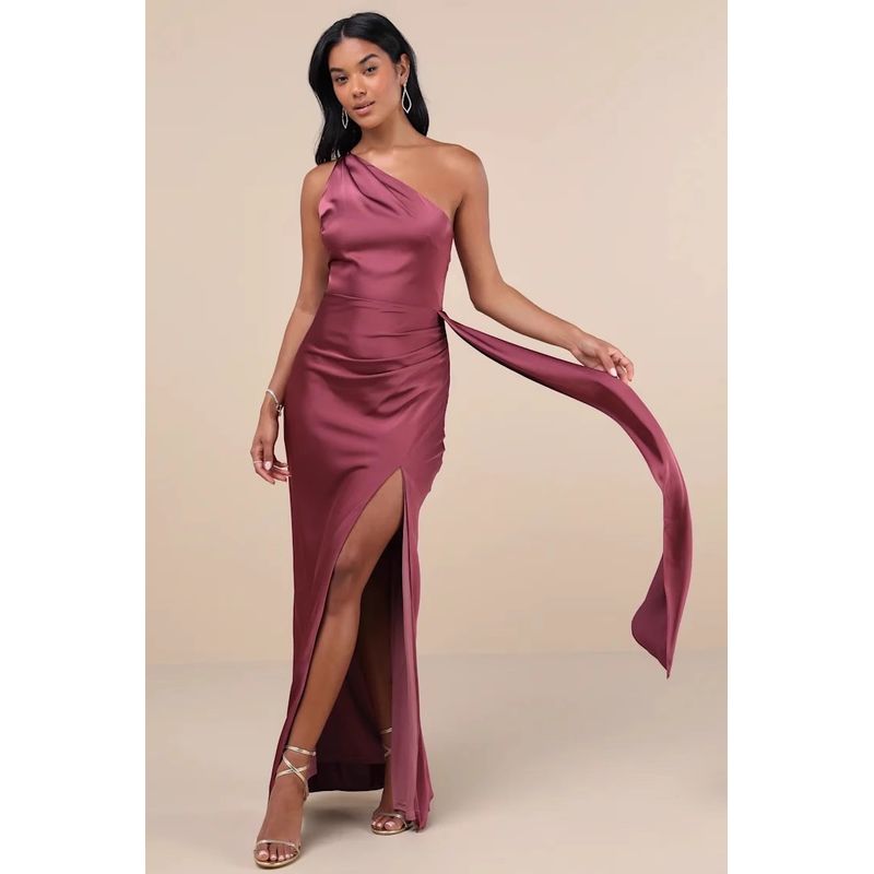 Foreign Trade Order Lu Jia Elegant Beautiful Temperament Ribbon Design Slim fit Slimming Split Shoulder Smooth Satin Dress