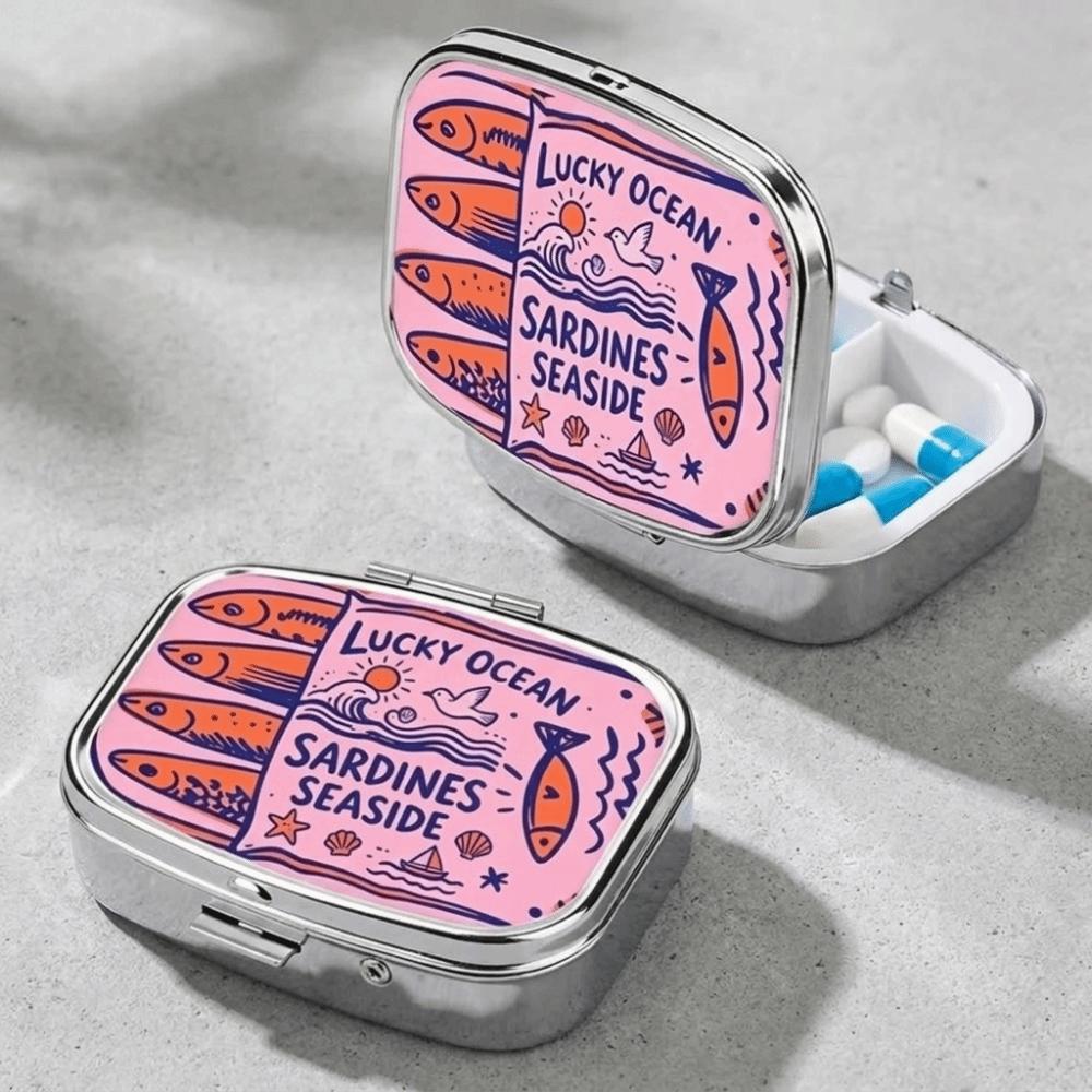 Metal Sardine Print Pill Box Mini Pocket Pill Case Portable Sardine Jewelry Box  Travel