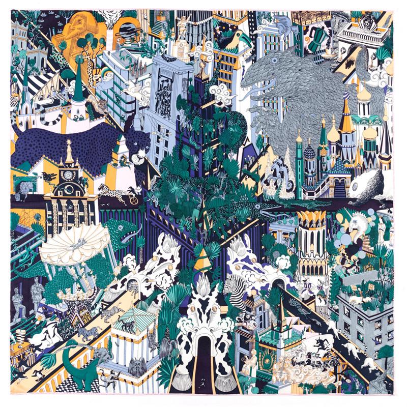 POBING Manual Hand Rolled Twill Silk Scarf Women Animals Kingdom Square Scarves Echarpes Foulards Femme Wrap Bandana Hijab 90CM