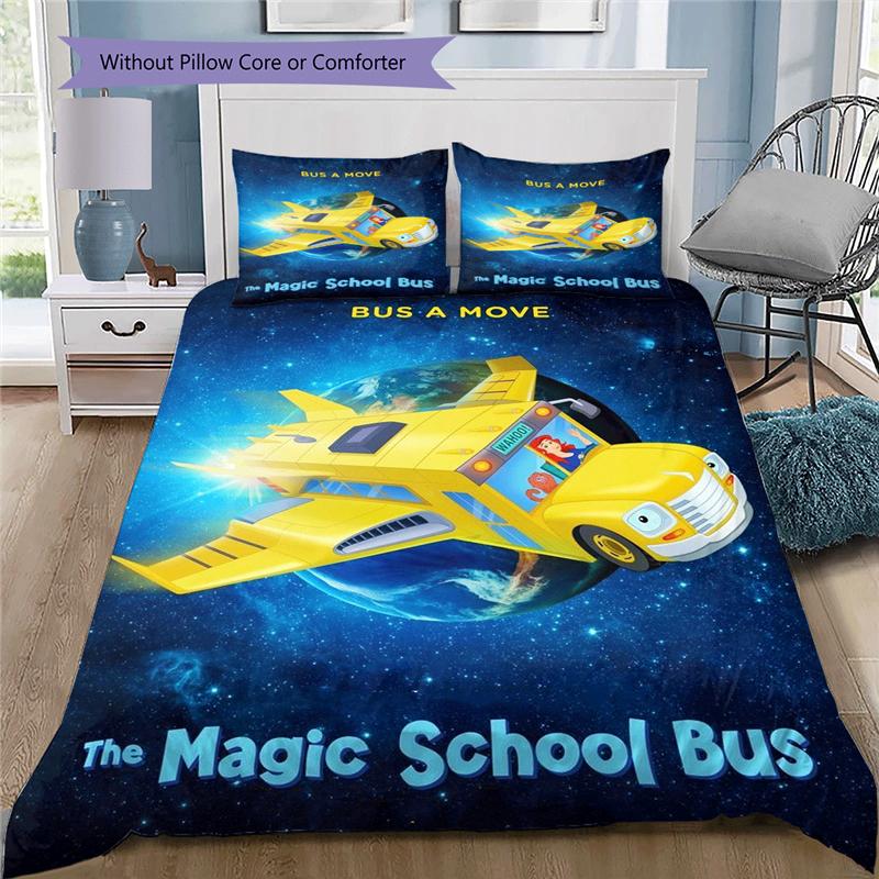 The Magic School Bus Cartoon Pattern Duvet and Pillowcases,1 Duvet Cover with 2 Pillowcases, No Core,Son Gift,Daughter Gift