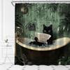 Black Cat Bath Reading Newspaper Shower Curtain, Green Tropical Leaf Design,Waterproof Fabric Bath Curtain Whimsical Bathroom