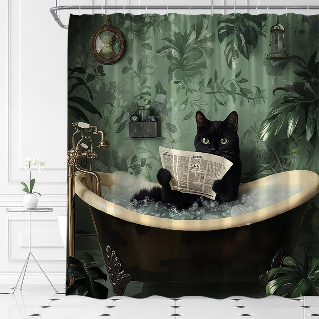 Black Cat Bath Reading Newspaper Shower Curtain, Green Tropical Leaf Design,Waterproof Fabric Bath Curtain Whimsical Bathroom