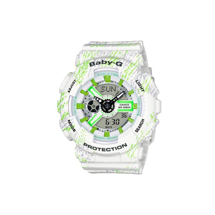

Casio Baby-G Theme Series Fashion Trend Vitality Street Classic Pointer Dual Display Sports Waterproof Quartz Movement Resin Strap BA-110TX-7A White Green Watch Dial