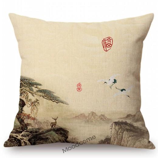 Traditional Chinese Ink Oil Painting Mountain Scenery Cotton Linen Sofa Throw Pillow Case Home Decoration Car Cushion Cover Case