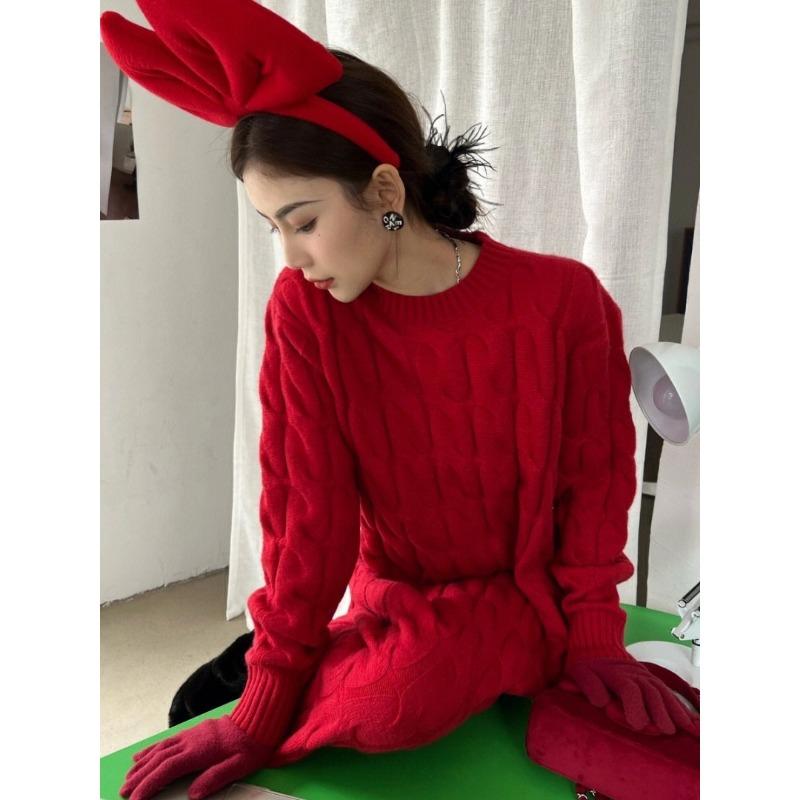 New War Robe Christmas Women's Clothing Temperament Socialite High-end Knitted Dress Autumn and Winter Red Sweater Bottoming Skirt
