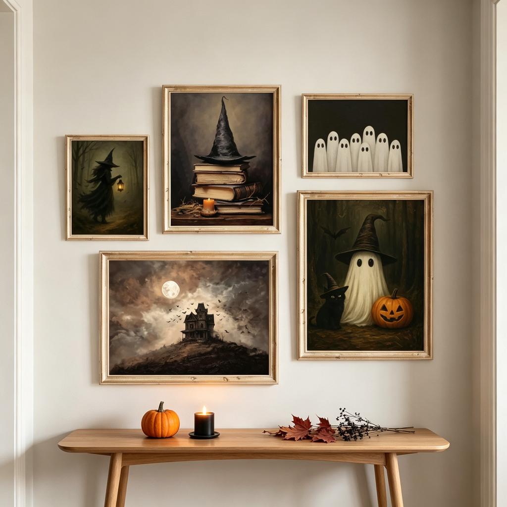 Printable Vintage Halloween Wall Art Witch & Ghost Art Spooky Black Cat Print Gothic Moody Halloween Room Decor Gift Poster