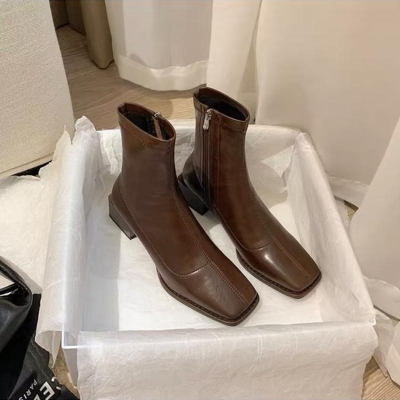 Women Autumn Vintage Square Toe Ankle Boots Soft Leather Elastic Slim Chelsea Boots Fashion Zipper Casual Short Boots