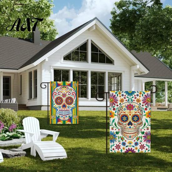 Bandiere da Giardino Giorno dei Morti, 12x18 Pollici Teschio Floreale Segni Decorativi per Cortile Scheletro Gotico Messicano Fiori Scheletrici Stendardo in Juta Double-Sided per Patio,