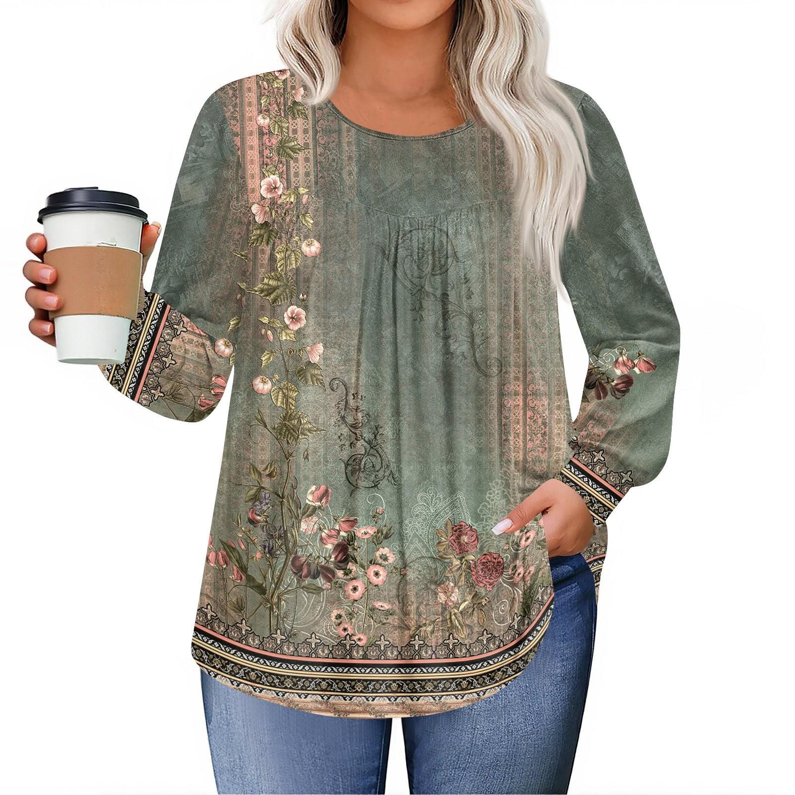 

Womens Plus Size Tops Long Sleeve Shirts Round Neck Flowy Tunic Casual Loose Blouse L-5X L армія зелений колір