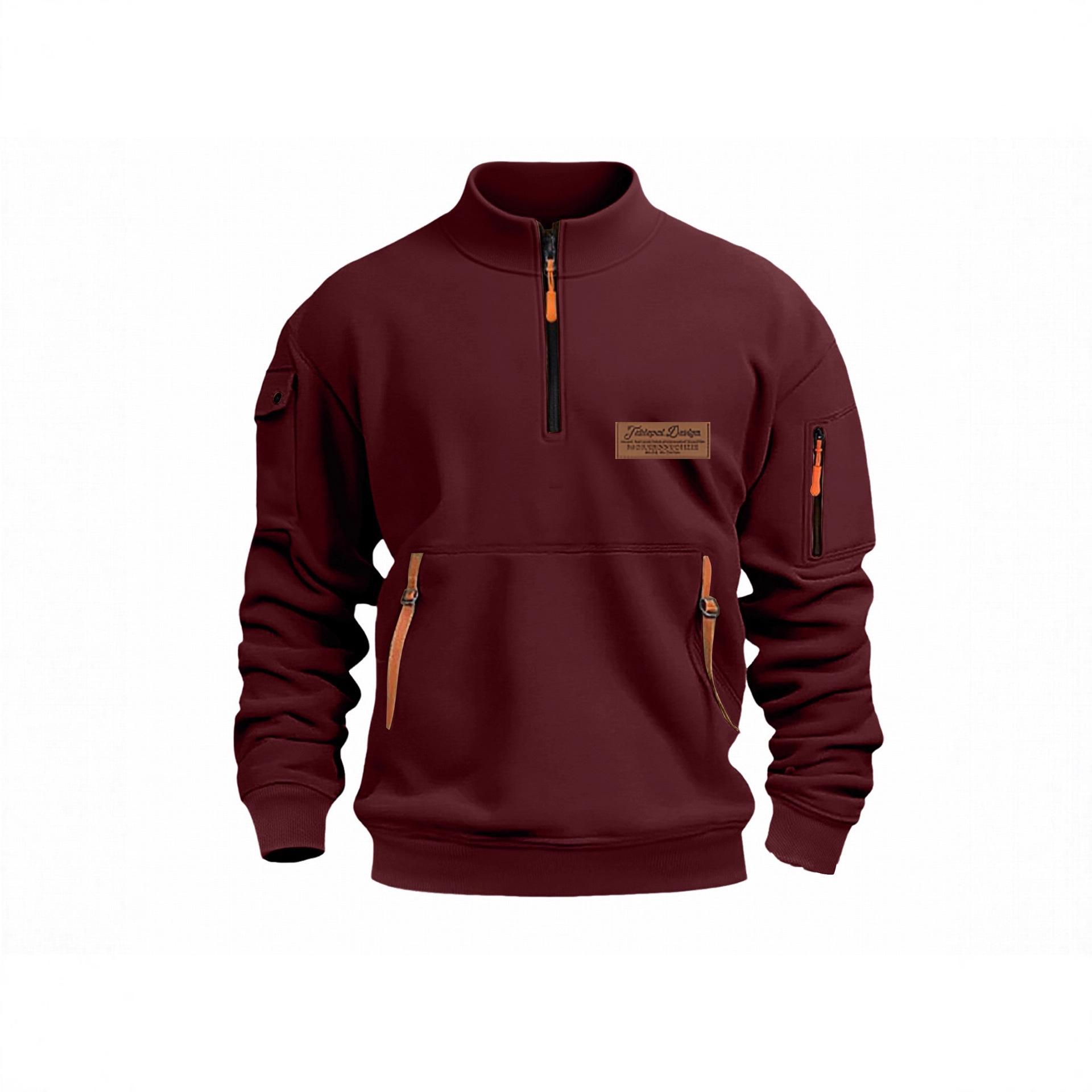 Men s Casual Half-Zip Sweatshirt Multi-Pocket Stand Collar Fleece Pullover S красный