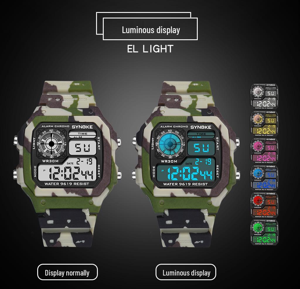 Men's Multifunctional Camouflage Waterproof Sports Watch - Seven-Color Luminous Fashion Square Design
