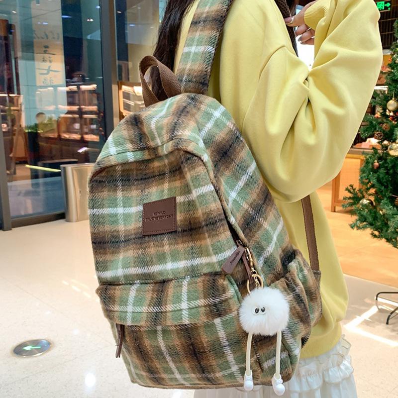 Schultaschen-Rucksack für Damen, wollener Herbst/Winter neuer Mittelschulrucksack, einfacher karierter Reiserucksack, Schulranzen im College-Stil