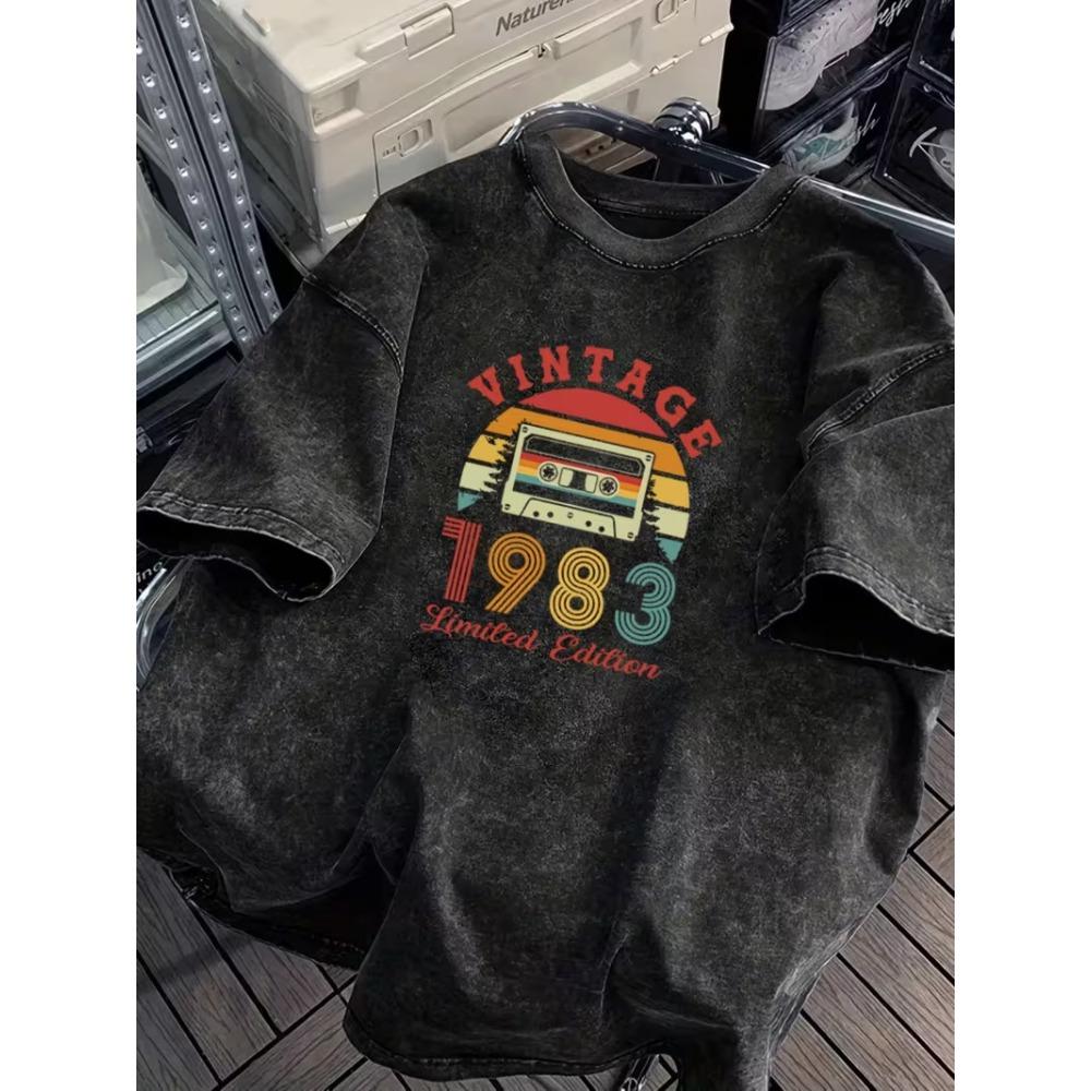 Vintage Washed Legendary Since 1983 Tee Retro Color Block Year Print T-Shirt Casual Short Sleeve for Everyday Wear