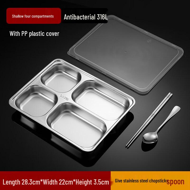 Zhebu 316L Stainless Steel 4-Compartment Meal Tray with Lid