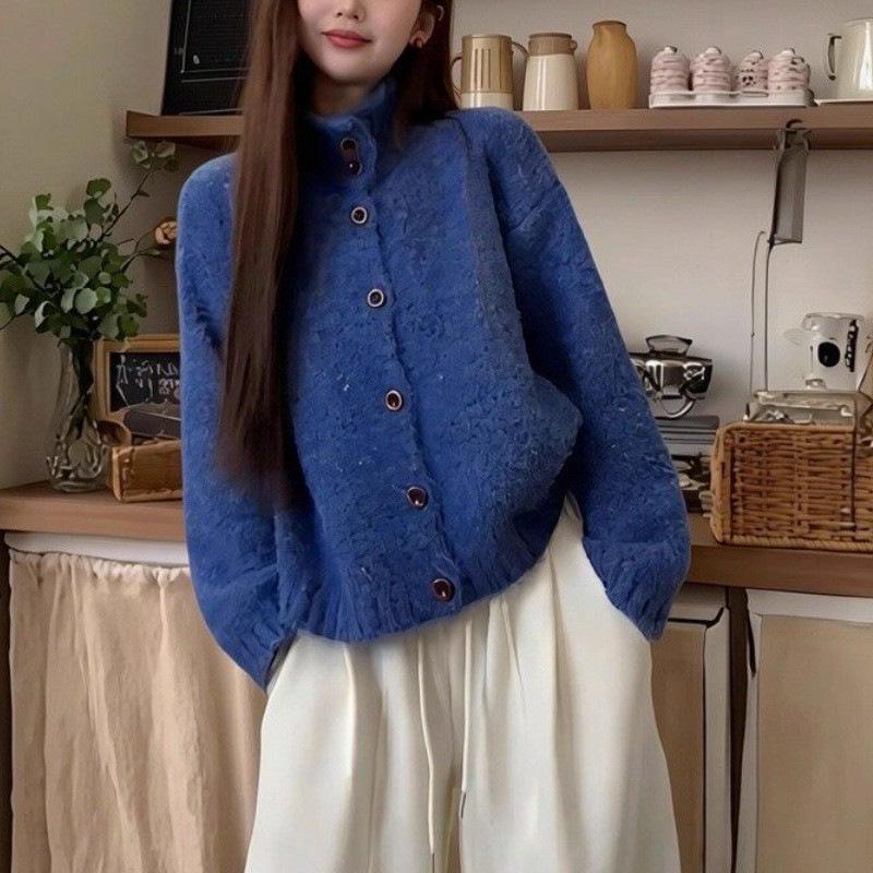 2026 Women's Solid Color High Neck Knit Cardigan – Autumn/Winter Collection