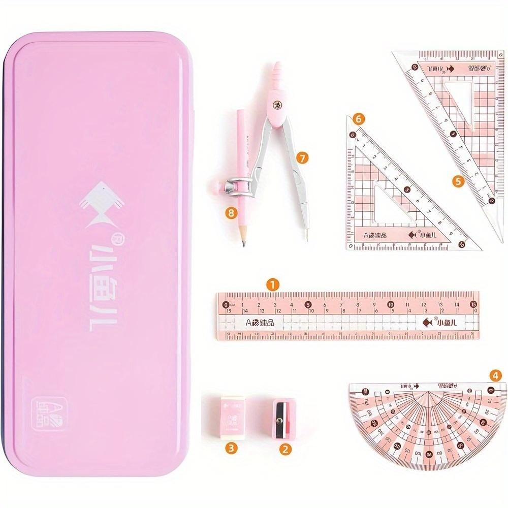 

Набор геометрии и математики из 8 предметов с небьющимся ящиком для хранения - Полный школьный канцелярский набор для математики с линейкой, транспортиром, циркулем, карандашами, точилкой,