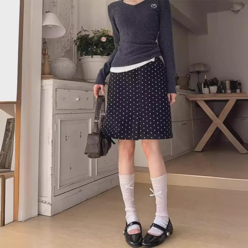 Women's Retro Polka Dot Split A-Line Skirt - Slim High Waist Summer Design (Small Size)