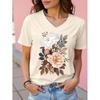 Womens V-Neck Short Sleeve T-Shirt With Leopard Print 3D Effect Colorful Ink Loose Fit Casual Office Wear
