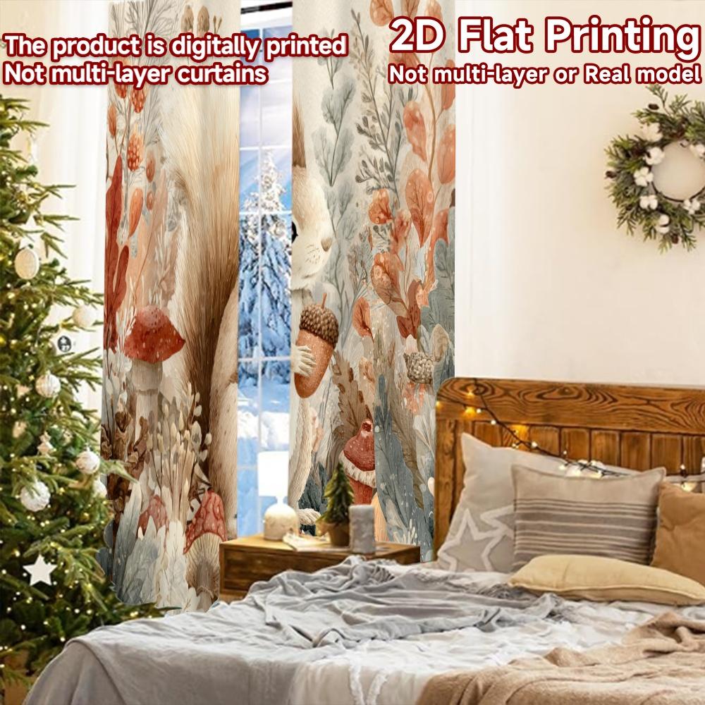2pcs, 2D FLAT PRINTING Curtains (Without Rod) Autumn Squirrel Christmas Festival Creative Curtains Polyester Easy Install