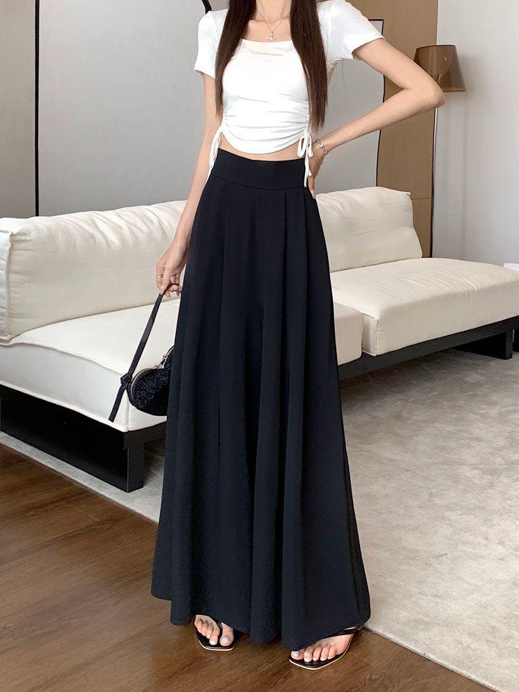 Plus Size High Waist Wide Leg Pleated Skirt-Pants for Women - Summer Loose Fit, Floor Length, Slimming, Casual Drape