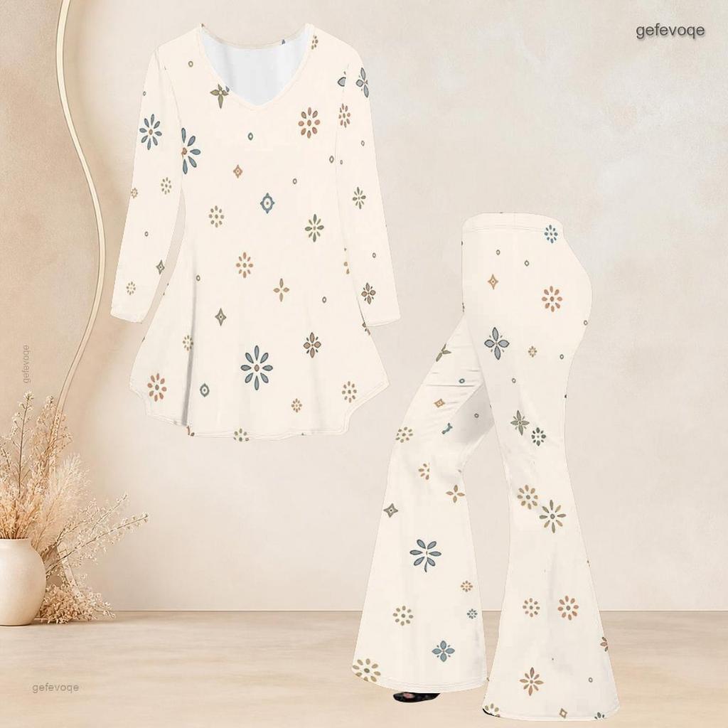 Women Plus Size V Neck Three Quarter Sleeve Plaid Printed Tunic Top Flared Pants Two Piece Set