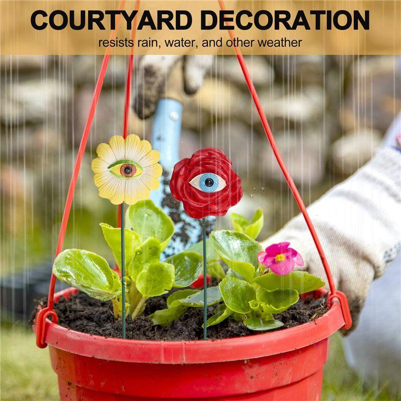 M-Modern-6PCS Resin Plant Eyes Stakes Novelty Rose Sunflower Green Leave Plant Garden Stakes Funny Floral Plant Pick Ornaments