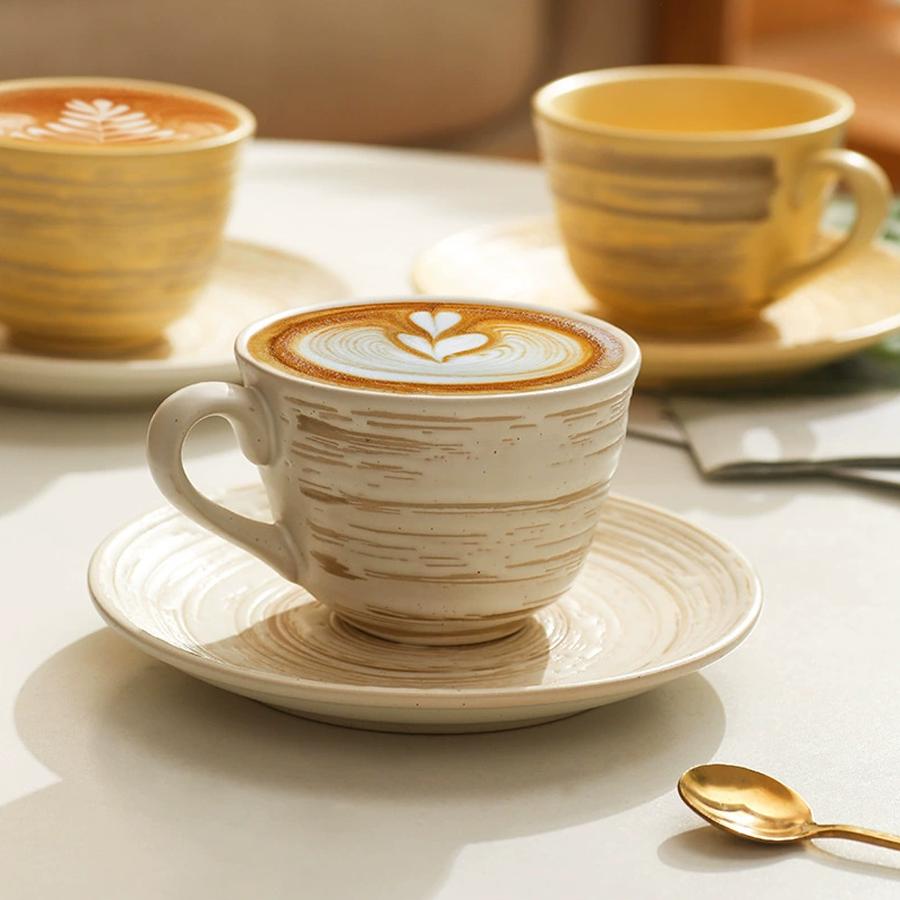 Coffee Cup Set with Saucer 210ml, Vintage Ceramic High Temperature Glaze for Home