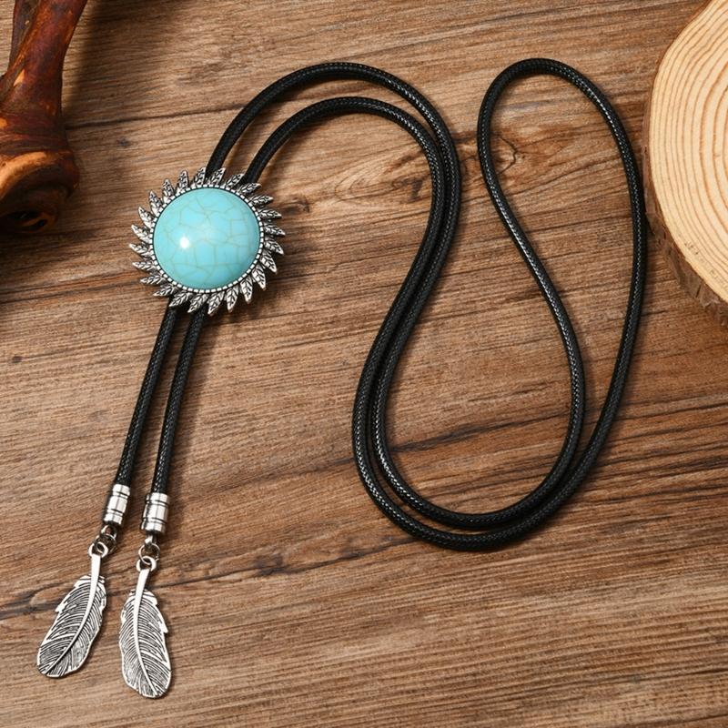 Men's Rodeos Western Leather Cord Bolo Tie Antique Floral Stone Jewelry Cowboy Necktie Necklace with Feathered Pendant