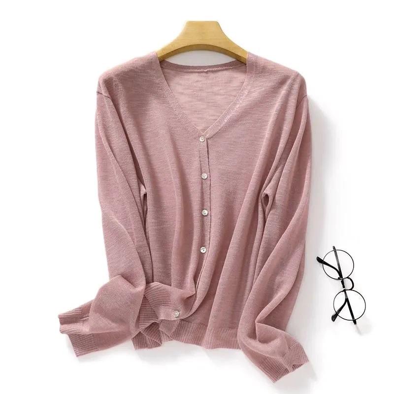 Women V Neck Thin Semi Sheer Knit Cardigan Long Sleeve Single Breasted Sun Protection Casual Knitted Outerwear