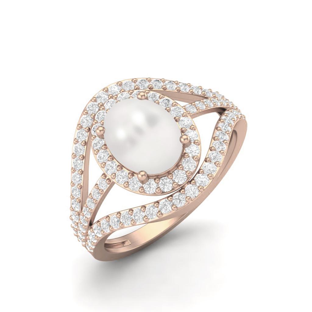 3.14 Cts Oval Cut Solitaire Pearl Halo Three Layer 925 Sterling Silver Rose Vermeil Accent Wedding Ring
