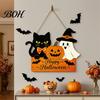 Kindergarten Holiday Environment Decor Halloween Door Sign with Hemp Rope Lanyard, Pumpkin Ghost Printed Hanging Decorative Plaque for Home