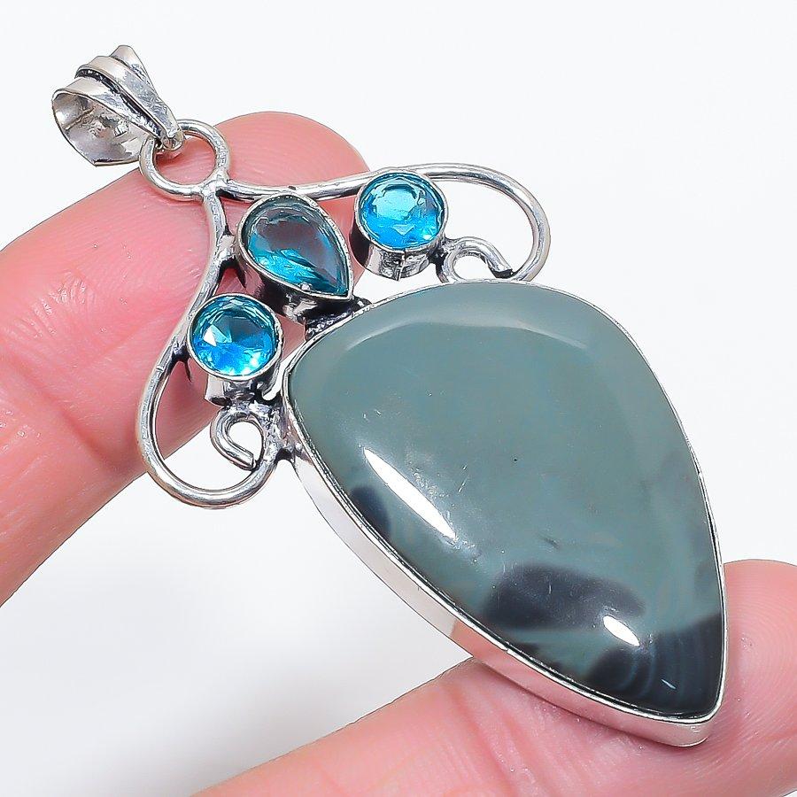 Natural Kambaba Jasper, Topaz 925 Sterling Silver Jewelry Pendant 2.60" A7L68