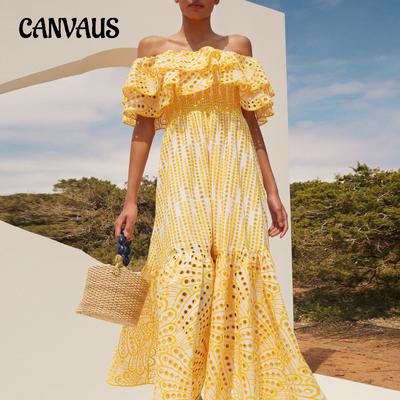Temperament Celebrity Style Long Dress Women's Summer Double-layer Lotus Leaf One-line Collar Embroidery Dresses