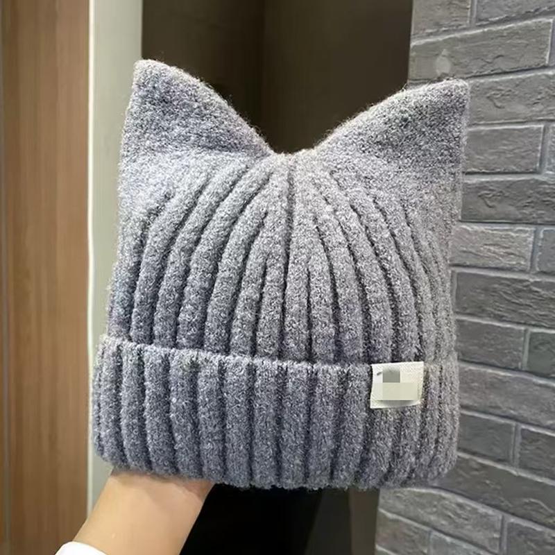 Women's Winter Cute Cat Ears Hat Pullover Knitted Hats Warm Ear Protection Balaclava Cap Kpop Style Street Simple Hats For Girl
