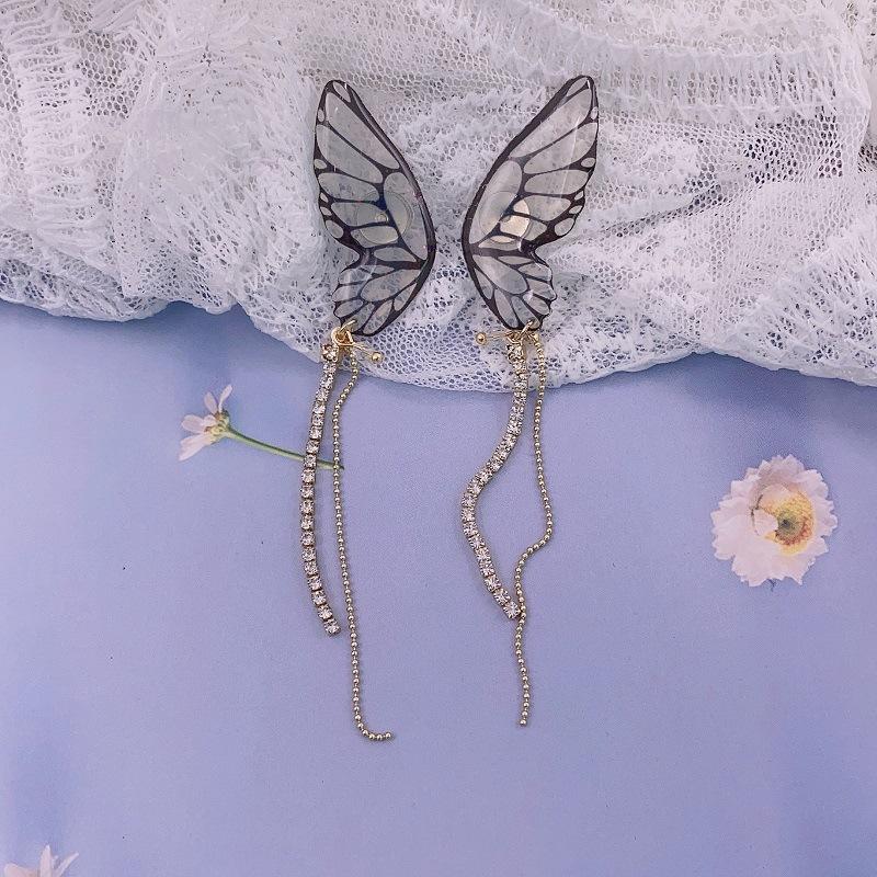 European and American style three-dimensional butterfly earrings, simple personality wih long full diamond tassel butterfly stud earrings
