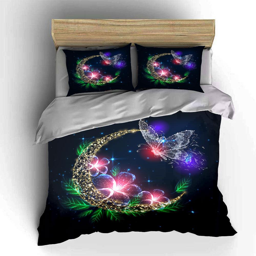 Butterfly Moon with Flowers Bedding Duvet Cover Set Duvet Cover Pillowcases  (1*Duvet Cover 2*Pillowcases, without duvet insert)