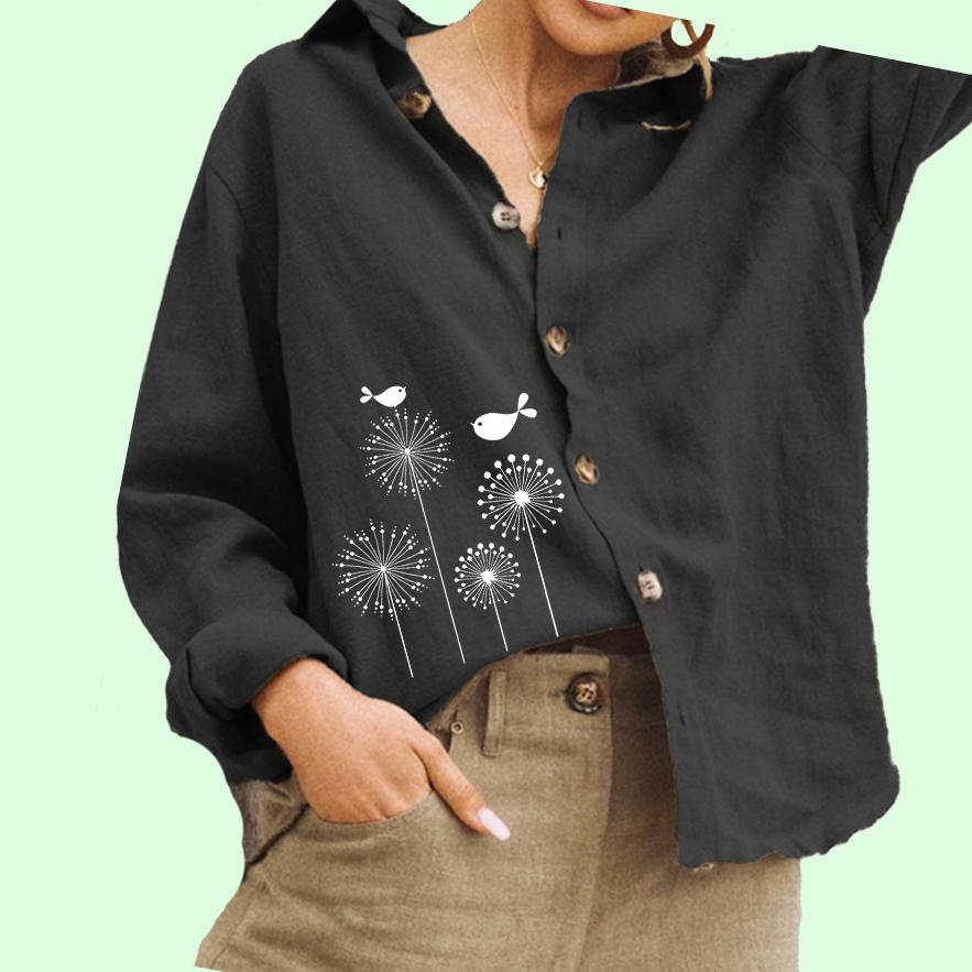 Dámská móda Květinový potisk Blůza Dámský bavlněný lněný top Ležérní košile na knoflíky