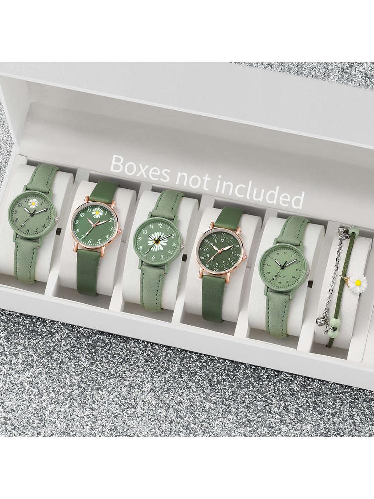 

Набор женских ретро-часов, 6 шт./компл., модные простые студенческие кварцевые часы из кожи в стиле колледжа с набором браслетов (Коробка в комплект не входит)