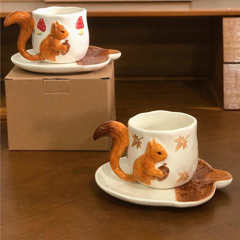 ABBY-Coffee Mug& Porcelain Cup Lovely Squirrel Relief Design Flower Mugs Afternoon Tea Teacup Fruits Juice Cup Sauce B