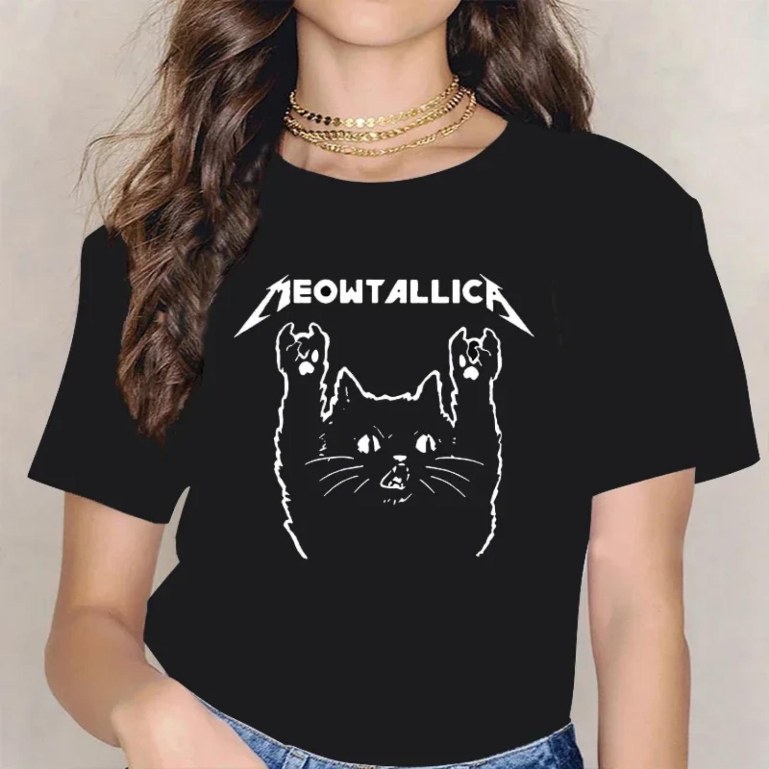 

Funny Cat Meowtallica Cat Rock Music Graphic Print T Shirt Rock Music Vintage Crew Neck Short Sleeve Plus Size T Shirt Women S чёрный