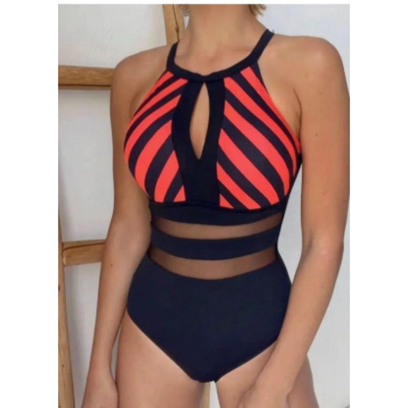 Nylon fabric new striped printing sexy backless mesh splicing one-piece women's swimsuit